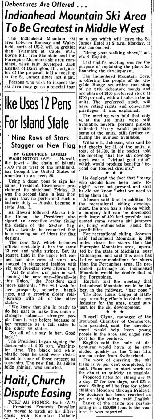 Snowriver Mountain Resort - Lodge at Jackson Creek (Indianhead Resort) - Aug 22 1959 Article (newer photo)